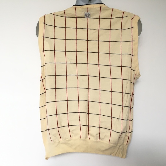 Crocodile Sweater Vest V Neck Beige Red Black Check Sz L Preppy Golf Merino Wool - Picture 4 of 6